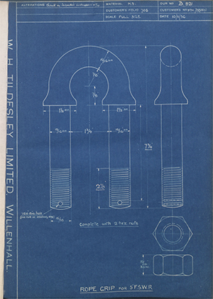 H.M Admiralty DTM/BD/183/1 Rope Grip for S.F.S.W.R WH Tildesley Forging Technical Drawing