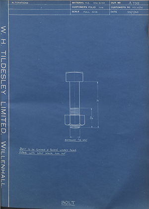 H.M Admiralty MS 70/20 Bolt WH Tildesley Forging Technical Drawing