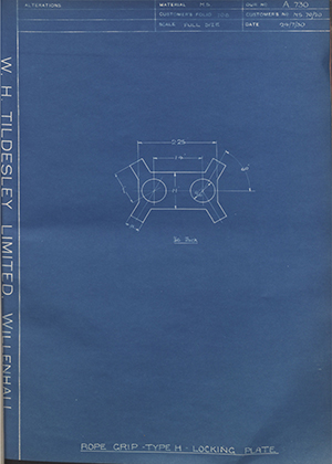 H.M Admiralty MS 70/20 Rope Grip Type H - Locking Plate WH Tildesley Forging Technical Drawing