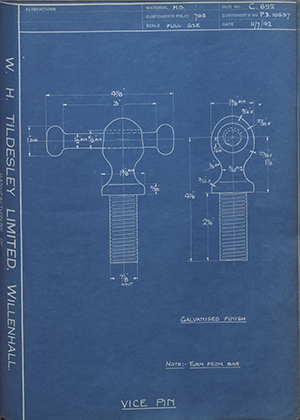 H.M Admiralty PB10537 Vice Pin WH Tildesley Forging Technical Drawing