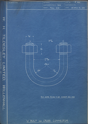 H.M Admiralty  U Bolt for Cross Connector WH Tildesley Forging Technical Drawing