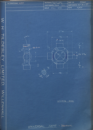 Hardy Spicer F-1 1/2-5-11-GB Universal Joint - Journal WH Tildesley Forging Technical Drawing