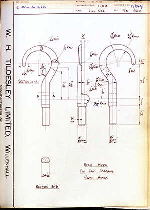 Hugh Steeper LTD FO/74R/1 Split Hook Fix Jaw Forging - RH WH Tildesley Forging Technical Drawing