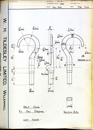 Hugh Steeper LTD  Split Hook - Fix Jaw Forging - Left Hand WH Tildesley Forging Technical Drawing