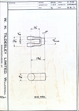 Illston & Robson LTD 339800 End Rod WH Tildesley Forging Technical Drawing