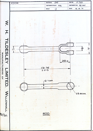 Illston & Robson LTD 9B1447 Rod WH Tildesley Forging Technical Drawing