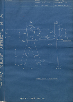 J.E Hanger & Co LTD 35V No2 - BK - Female Central WH Tildesley Forging Technical Drawing