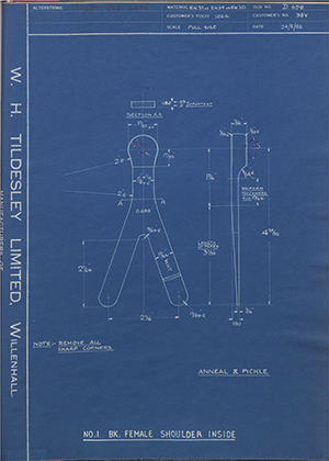 J.E Hanger & Co LTD 38V No1 - BK - Female Shoulder Inside WH Tildesley Forging Technical Drawing