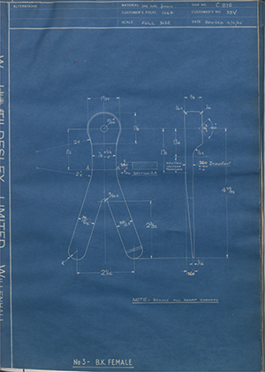 J.E Hanger & Co LTD 39V No3 - BK Female WH Tildesley Forging Technical Drawing