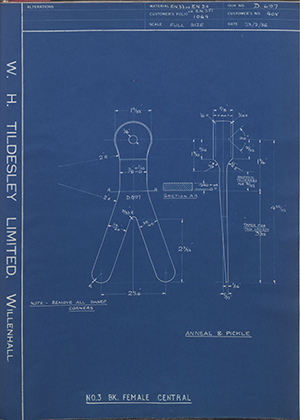 J.E Hanger & Co LTD 40V No3 - BK - Female Central WH Tildesley Forging Technical Drawing