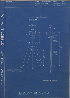 J.E Hanger & Co LTD 42V No 1 - BK - Female Central Head WH Tildesley Forging Technical Drawing