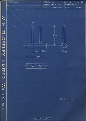 J.E Hanger & Co LTD  Ankle Bolt WH Tildesley Forging Technical Drawing