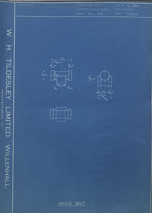 J.E Hanger & Co LTD  Ankle Bolt WH Tildesley Forging Technical Drawing