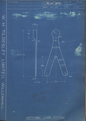 J.E Hanger & Co LTD  Artificial Limb Fitting WH Tildesley Forging Technical Drawing