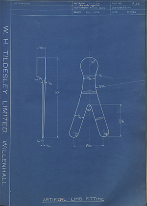 J.E Hanger & Co LTD  Artificial Limb Fitting WH Tildesley Forging Technical Drawing