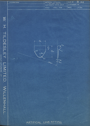 J.E Hanger & Co LTD  Artificial Limb Fitting WH Tildesley Forging Technical Drawing