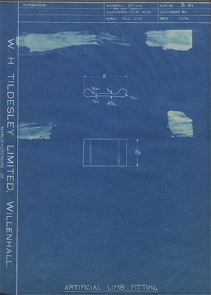 J.E Hanger & Co LTD  Artificial Limb Fitting WH Tildesley Forging Technical Drawing