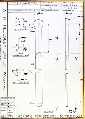 J.E Hanger & Co LTD F017 Forging for Side Steel Tongue & Bolt WH Tildesley Forging Technical Drawing