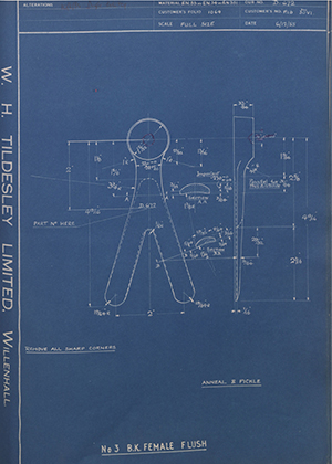 J.E Hanger & Co LTD F16 30V1 DTG No3 - BK - Female Flush WH Tildesley Forging Technical Drawing