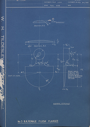 J.E Hanger & Co LTD F9 DTG 36Y No3 - BK - Female Flush Flanged WH Tildesley Forging Technical Drawing