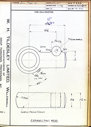 J.E Shay LTD 2004289 Connecting Rod WH Tildesley Forging Technical Drawing