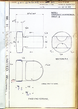 J.E Shay LTD 2004709 Fixed End Forging WH Tildesley Forging Technical Drawing