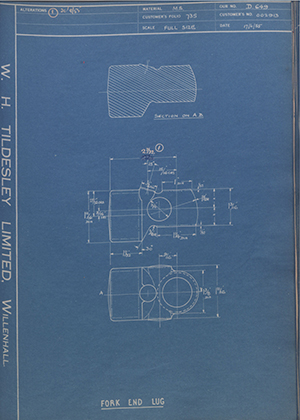 James Cycle Company LTD 002913 Fork End Lug WH Tildesley Forging Technical Drawing