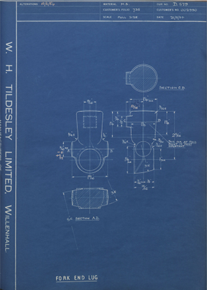 James Cycle Company LTD 002990 Fork End Lug WH Tildesley Forging Technical Drawing