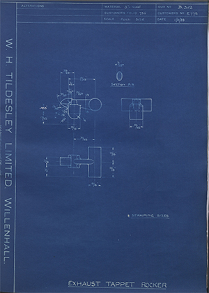 James Cycle Company LTD E775 Exhaust Tappet Rocker WH Tildesley Forging Technical Drawing