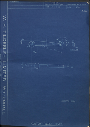 James Cycle Company LTD HA310 Clutch Toggle Lever WH Tildesley Forging Technical Drawing