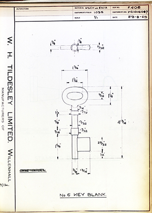 James Gibbons LTD JG101507 No 6 Key Blank WH Tildesley Forging Technical Drawing