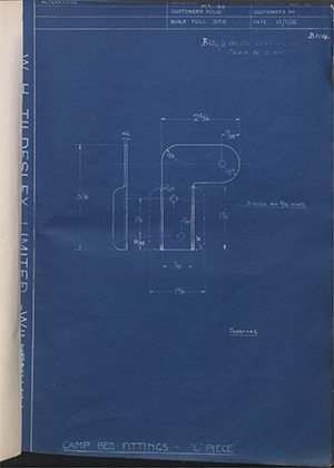 John Hawley & Co Walsall  Cam Bed Fittings 'L' Piece WH Tildesley Forging Technical Drawing