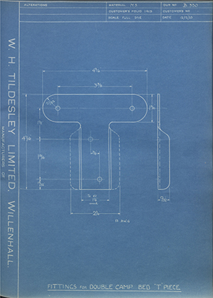 John Hawley & Co Walsall  Fitting for Double Camp Bed 'T' Piece WH Tildesley Forging Technical Drawing