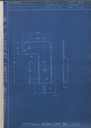 John Hawley & Co Walsall  Fittings for Double Camp Bed 'L' Piece WH Tildesley Forging Technical Drawing