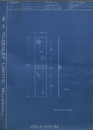 John Hawley &amp; Co Walsall  Hinge for Camp Bed WH Tildesley Forging Technical Drawing