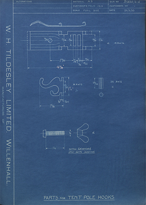 John Hawley & Co Walsall  Parts for Tent Pole Hooks WH Tildesley Forging Technical Drawing