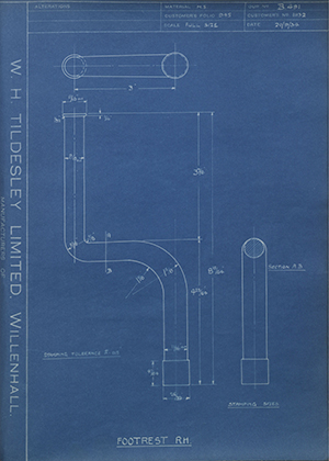 John Marston LTD (Sunbeam) 11132 Footrest RH WH Tildesley Forging Technical Drawing