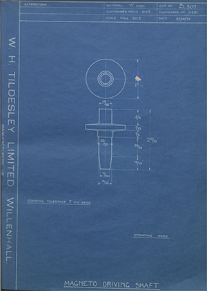 John Marston LTD (Sunbeam) 11291 Magneto Driving Shaft WH Tildesley Forging Technical Drawing