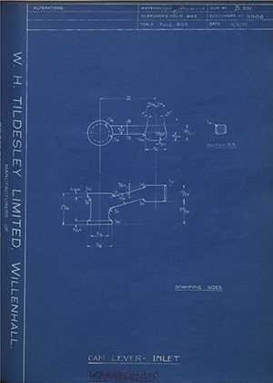 John Marston LTD (Sunbeam) 11486 Cam Lever - Inlet WH Tildesley Forging Technical Drawing