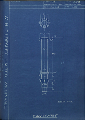 John Marston LTD (Sunbeam) 7412 Pillion Footrest WH Tildesley Forging Technical Drawing