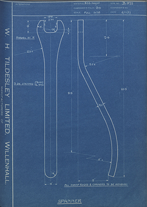 Joseph Billingham  Spanner WH Tildesley Forging Technical Drawing