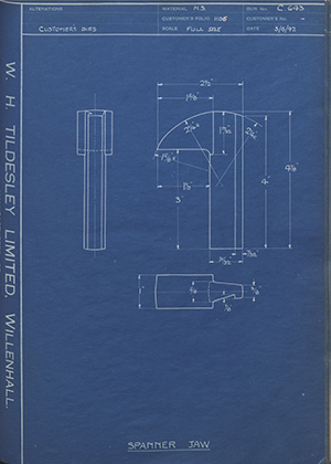 Kimberleys (Birmingham) LTD  Spanner Jaw WH Tildesley Forging Technical Drawing