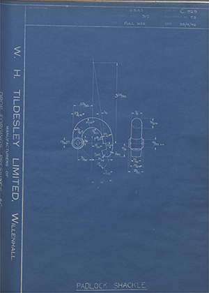 Lowe & Fletcher T2 Padlock Shackle WH Tildesley Forging Technical Drawing