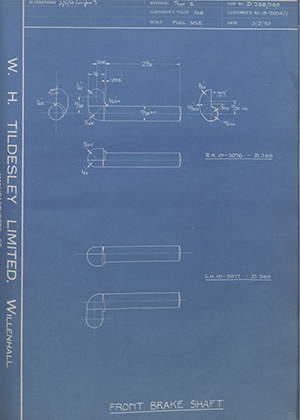 Martin Precision & Manufacturing Engineering LTD 19-2076/7 Front Brake Shaft WH Tildesley Forging Technical Drawing