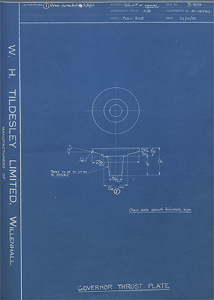 Martin Precision & Manufacturing Engineering LTD N-19240 Governor Thrust Plate WH Tildesley Forging Technical Drawing