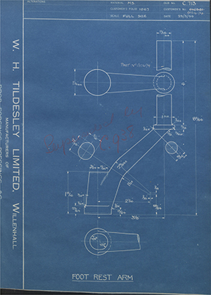 Matchless Motorcycles LTD 010361 / 010494 Footrest Arm WH Tildesley Forging Technical Drawing