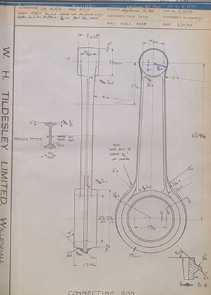 Matchless Motorcycles LTD 010973 Connecting Rod WH Tildesley Forging Technical Drawing