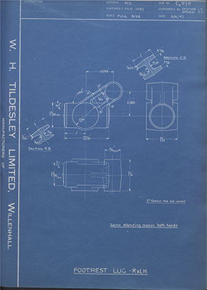 Matchless Motorcycles LTD 012000 LH & 012001 RH Footrest Lug - L&RH WH Tildesley Forging Technical Drawing