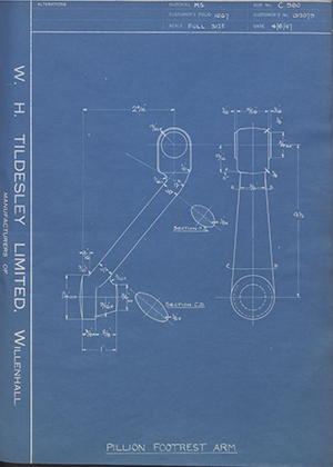 Matchless Motorcycles LTD 012079 Pillion Footrest Arm WH Tildesley Forging Technical Drawing