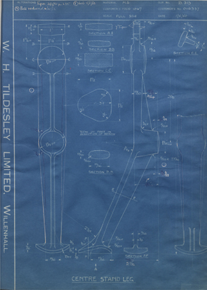 Matchless Motorcycles LTD 016337 Centre Stand Leg WH Tildesley Forging Technical Drawing